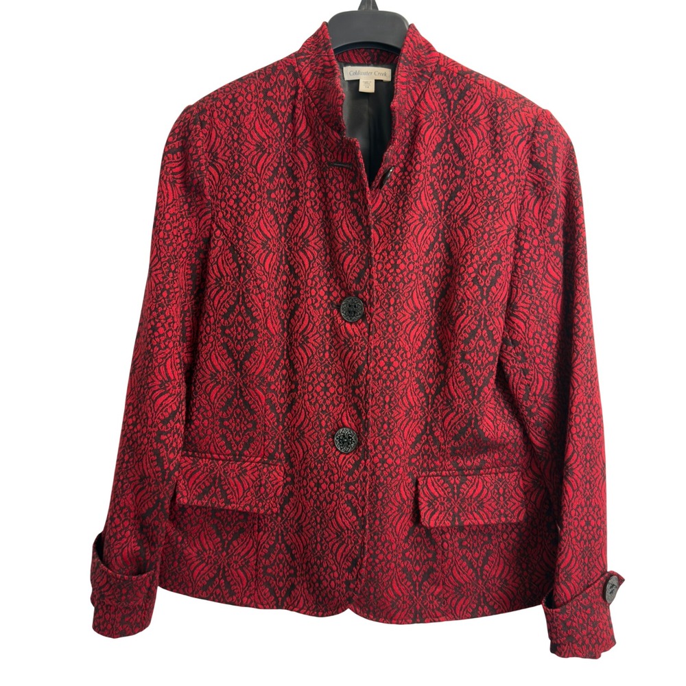 Coldwater Creek Red Black Jacquard Wool Blend Mandarin Collar Blazer Jacket 14
